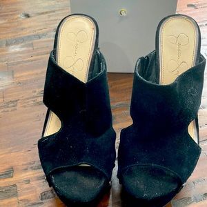 Black suede platform wedge heels